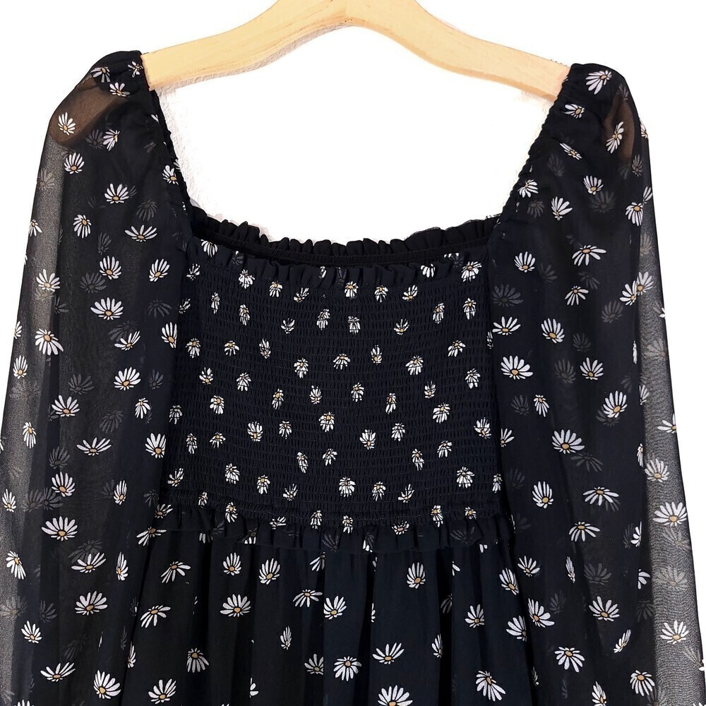 NEW Wilfred Laken Mini Dress Sheer Puff Sleeve Smocked in Black Daisy Floral XXS - Picture 9 of 13